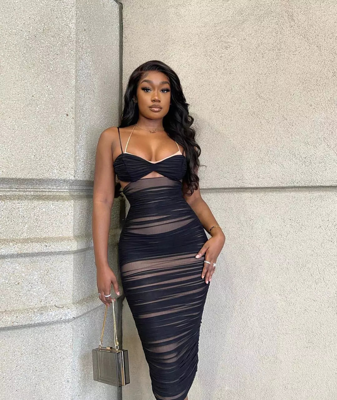 Zella Black Cutout Ruched Midi Dress