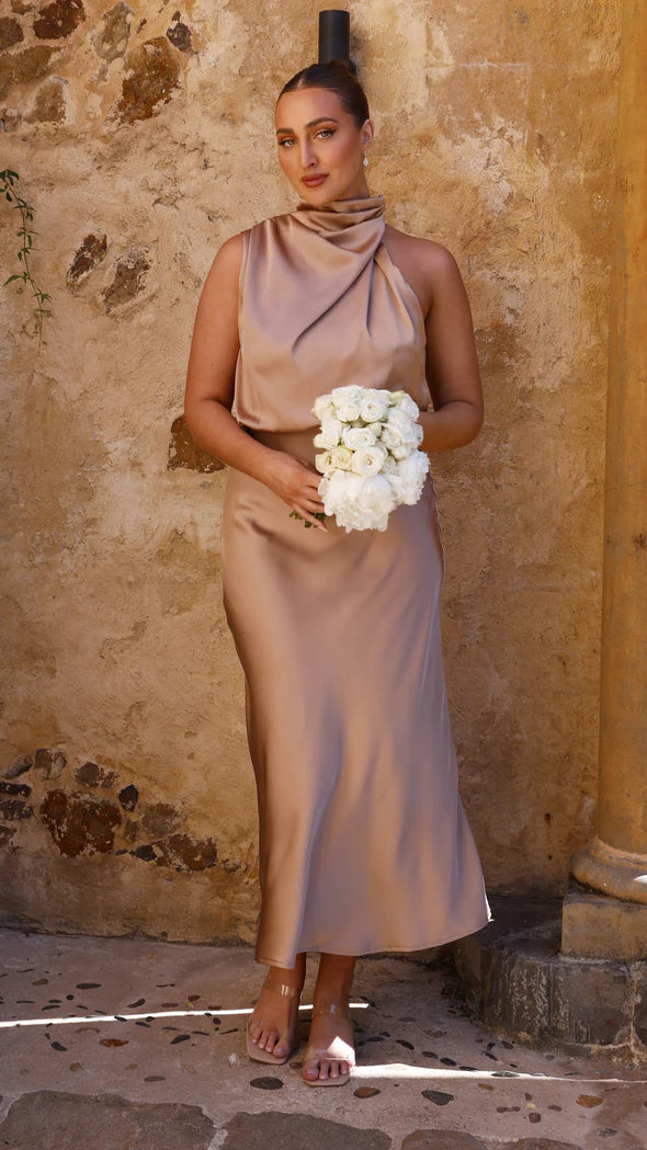 Napoli Latte High Neck Drape Maxi Dress