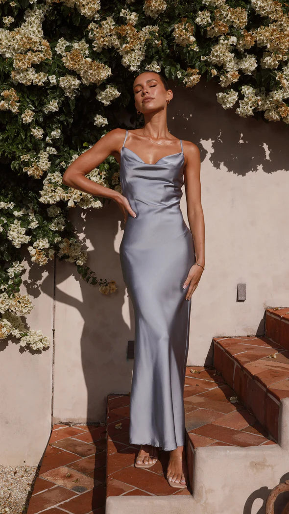 Moroccan Steel Blue Cowl Neck Maxi Dress