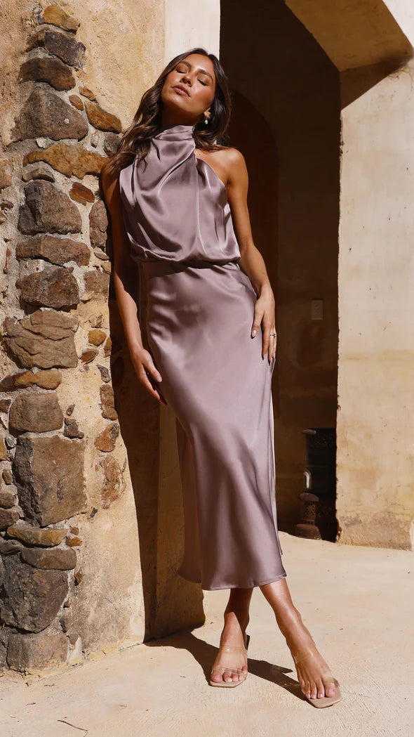Napoli Mushroom High Neck Drape Maxi Dress