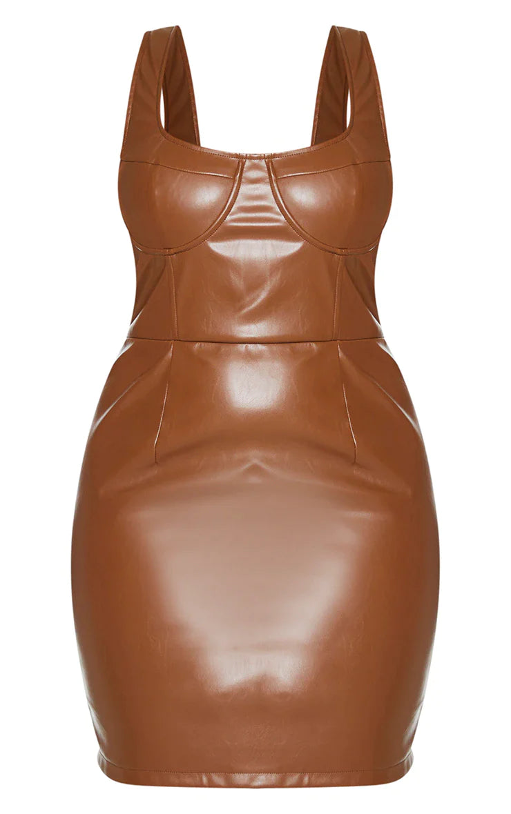 A brown leather mini dress on a white background.