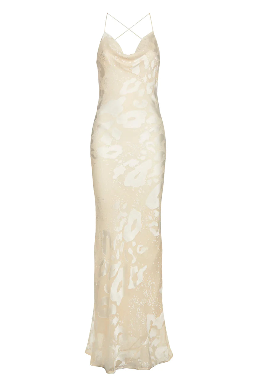 A white midi dress with a floral pattern.