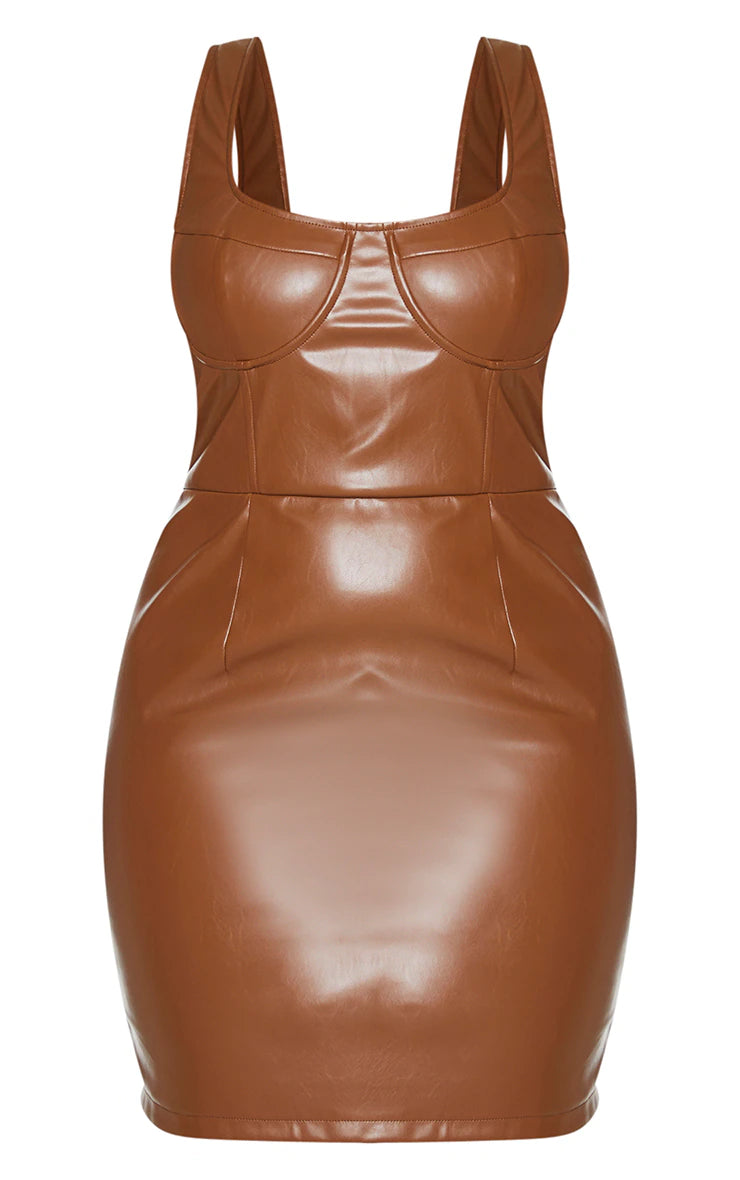 A brown leather mini dress on a white background.