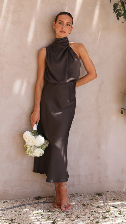Napoli Espresso High Neck Drape Maxi Dress