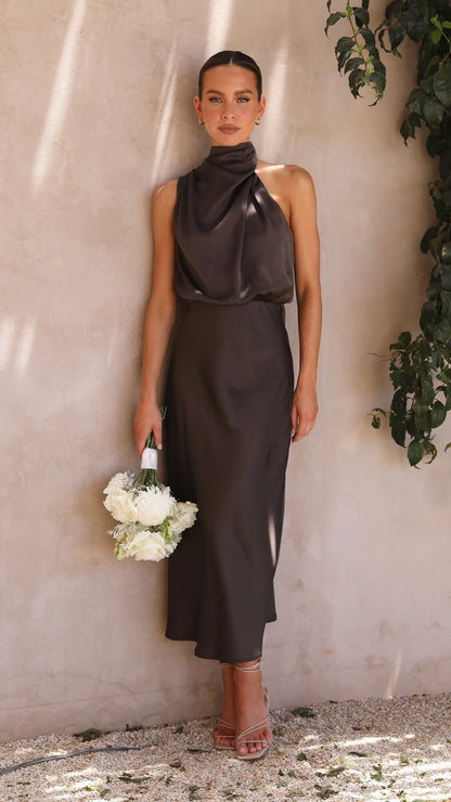 Napoli Espresso High Neck Drape Maxi Dress