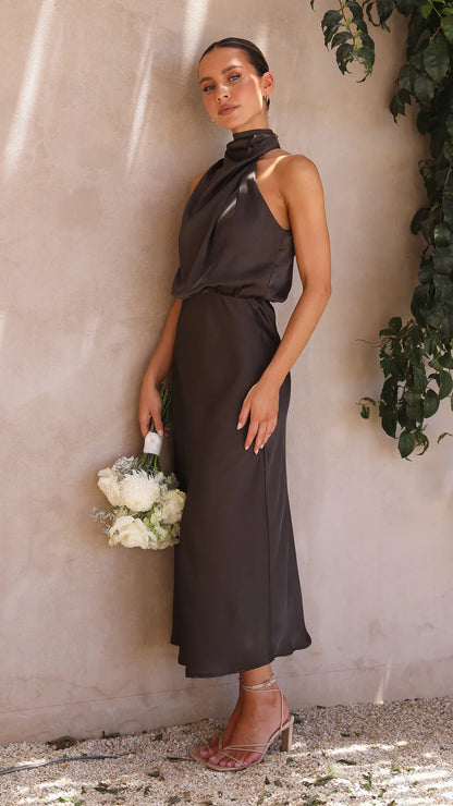 Napoli Espresso High Neck Drape Maxi Dress