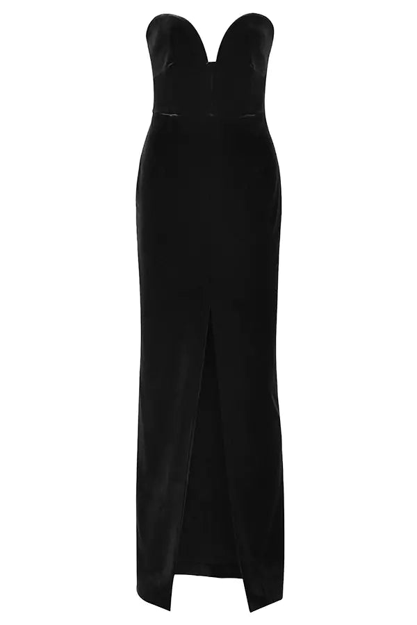 A black dress with a slit on the side.