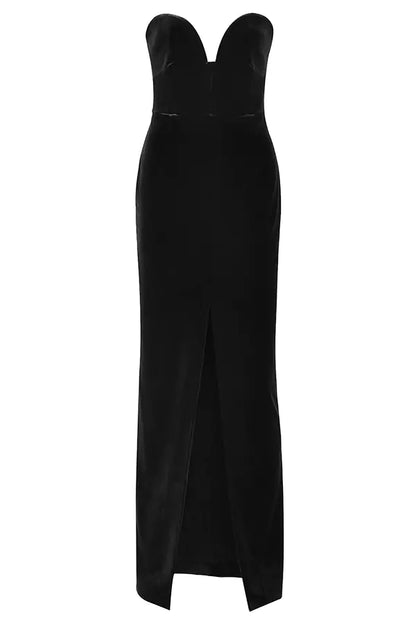 A black dress with a slit on the side.