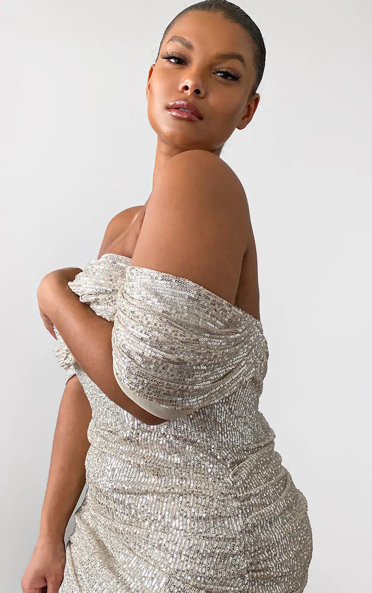 A woman is posing in a silver sequin dress.