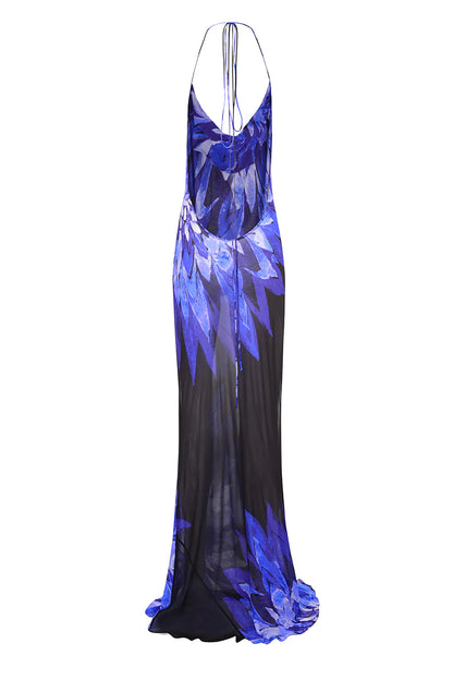 A blue and black floral maxi dress with a boho-chic halter neck.