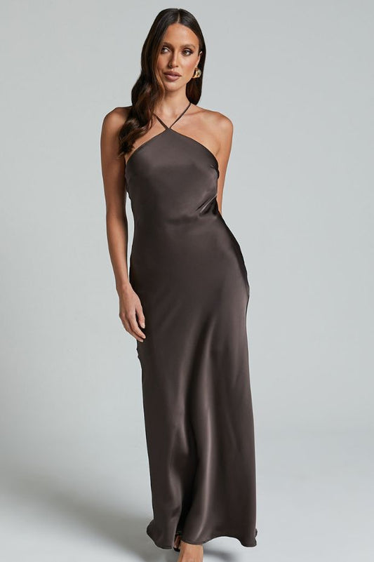 Savanna Espresso Halter Maxi Dress
