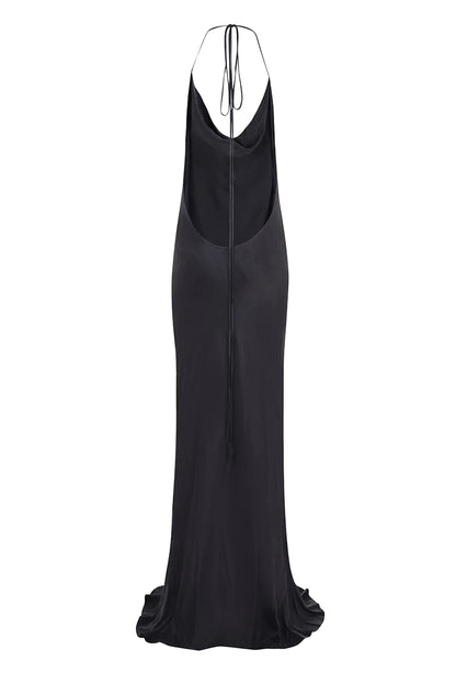 The back view of a black maxi dress.