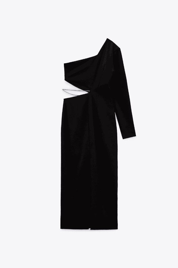 A black one shoulder dress on a white background.