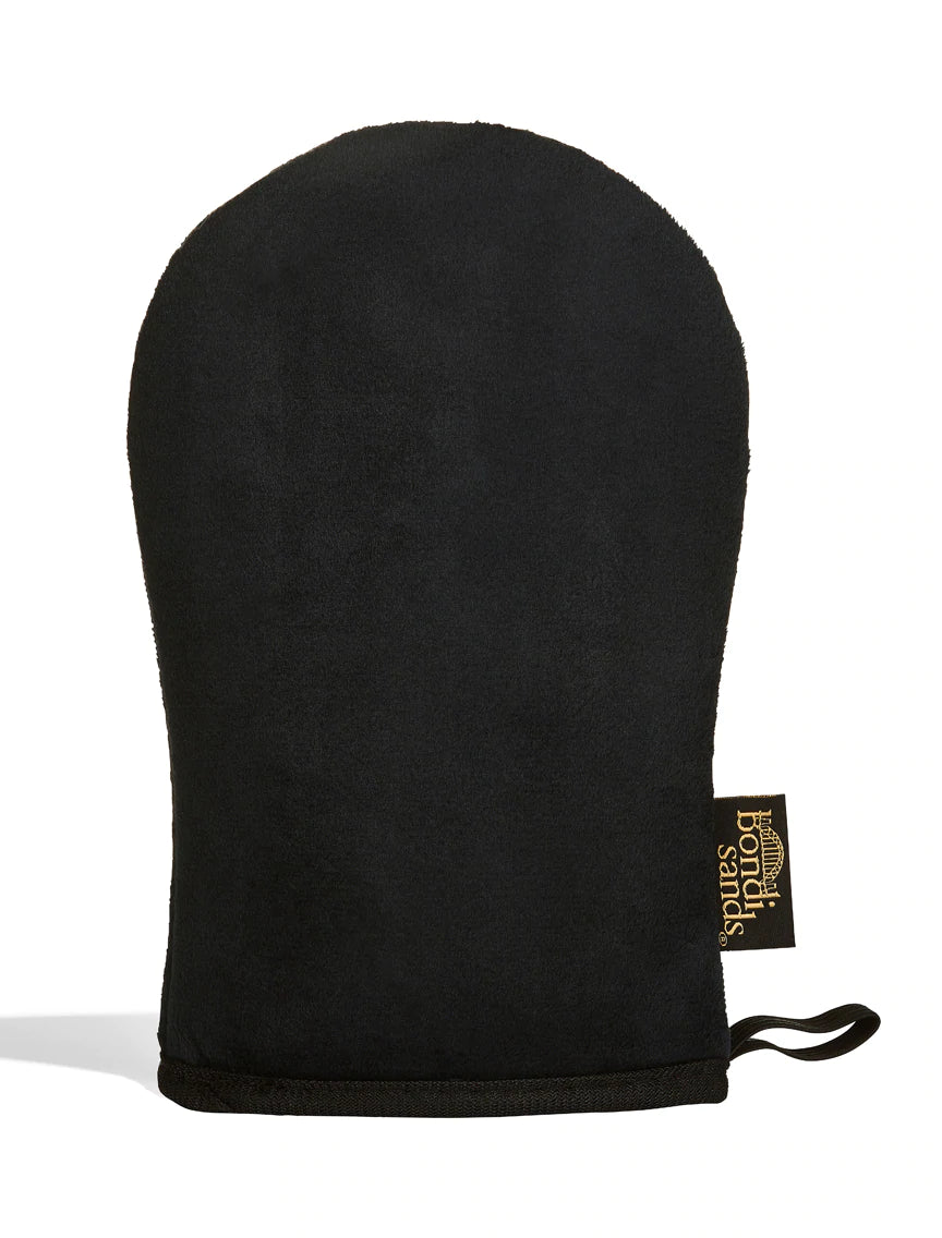 A black hand mitt on a white background.