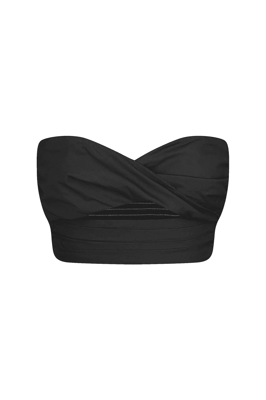 A black bikini top on a white background.
